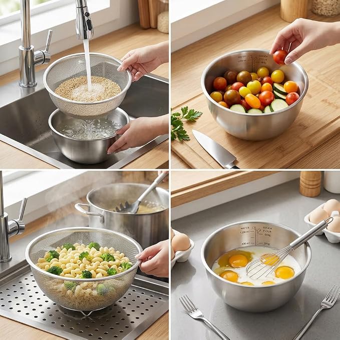 18/8 Stainless Steel Colander with Mixing Bowl, 1.5QT | 1 nesting mixing bowls with measurement marks and 1 fine 30-mesh strainers for rice,vegetables, pasta, baking, and food prep - Image 6