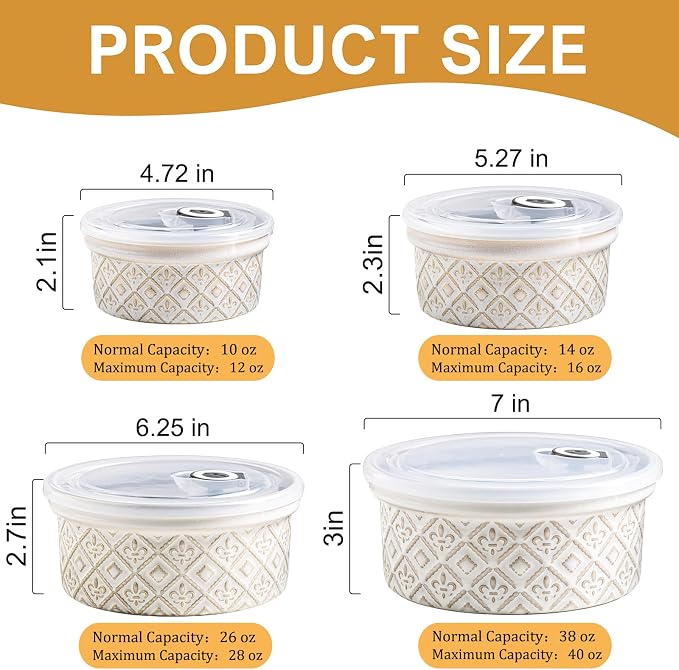 Airtight Food Storage Containers with Lids Mixing Bowls Set, Ceramic Serving Bowls with Lids Set of 4, 12/16/28/40 oz Stackable Nesting Salad Bowls for Cooking, Baking, Ramen - Beige - Image 4