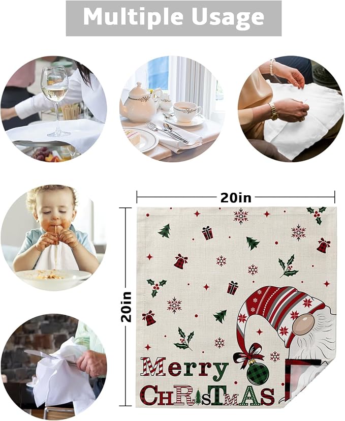Christmas Cloth Napkins Set of 4, Xmas Gnomes Winter Snowflake Berry Botanical Rustic Dinner Napkins Cloth Washable, Cocktail Napkins Reusable for Wedding, Party, Birthday (20"x20") - Image 5