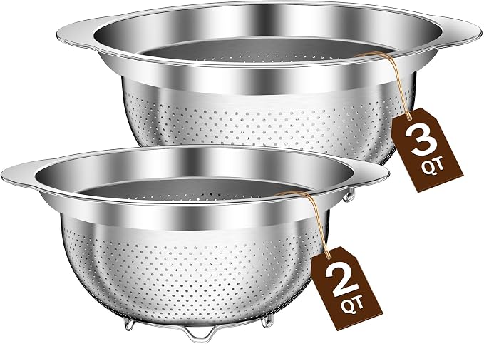 Stainless Steel Strainers for Kitchen, Stainless Steel Colander, Kitchen Strainer for Pasta Fruit Veggie Hot Food, 2 Pack Strainers and Colanders(2QT & 3QT), Dishwasher Safe, Silver by STOCKPOT