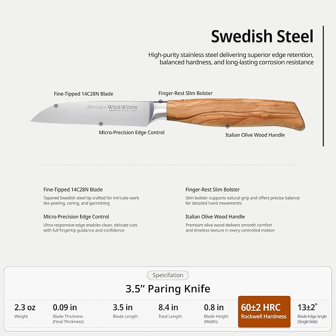 WICKWILLOW 3.5” Paring Knife – Swedish Steel, Olive Wood Handle | Small kitchen knife for peeling, trimming and precision work. Hand wash only. Gift box included. - Image 4
