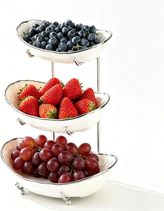 3-Tier Fruit Bowls for Kitchen Counter,White Ceramic Bowl with Silver Metal Stand,3 Tier Fruit Basket for Fruit,Snack,Cake,Nuts,Dessert Storage by Afeyibu