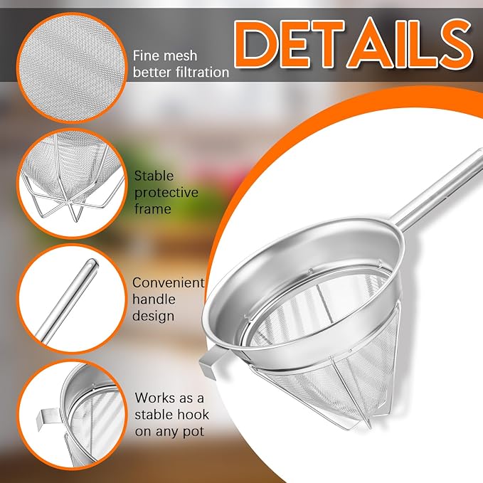 SiliFine 10" Chinois Fine Mesh Strainer Set with Handle and Rubber Pestle | Stainless Steel Reinforced Bouillon Sieve Strainer China Cap Cone Sieve for Sauces, Soups, Broth, Stock, Kitchen Food Cooking - Image 3