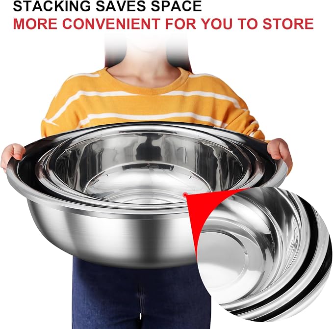Set of 3 Extra Large Stainless Steel Mixing Bowls Large Mixing Container Easy to Clean, Nesting Bowls for Space Saving Storage for Cooking, Baking(201 Stainless Steel,13, 16, 20 Quart) - Image 4