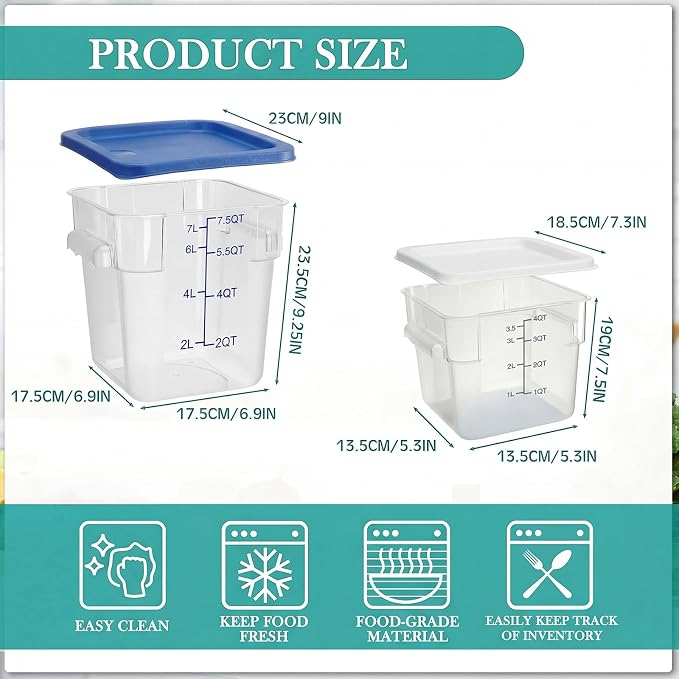Lallisa 4 Pcs 8qt & 4qt Clear Food Storage Containers with Lids Handles and Scales, Stackable Plastic Square Food Storage Containers for Dough Proofing Baking Kitchen Restaurant(White, Blue) - Image 2