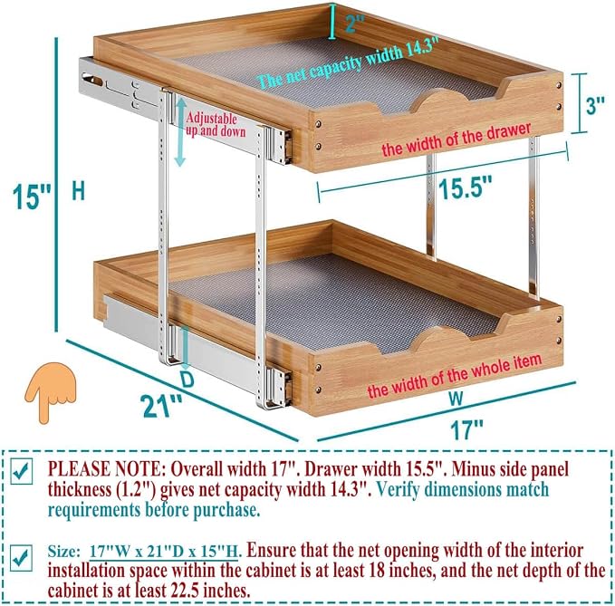 OCG 2 Tier Pull Out Cabinet Organizer (17"W x 21"D), Double Tier Slide out Wood Drawer Shelf, Pull Out Shelves for Base Cabinet Organization in Kitchen, Pantry, Bathroom - Image 2