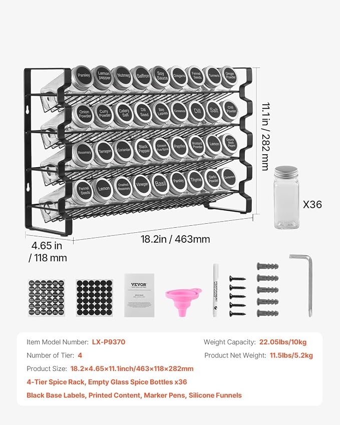 VEVOR Spice Rack Organizer for Cabinet, Spice Organizer with 36 Empty Spice Jars, Lids, Spice Labels, and Funnel Complete Set, Seasoning Organizer for Countertop, Kitchen, Pantry, Cupboard, 18x11 in - Image 7