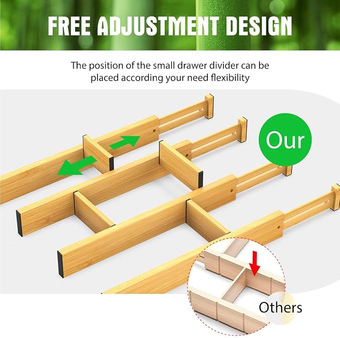 Bamboo Drawer Dividers Organizers 16pcs, Expandable Drawer Separators Splitter, 17-22 inches Long Adjustable Spring-loaded Organizer for Large Utensil, Clothes, Tools Drawers (8+8) - Image 7