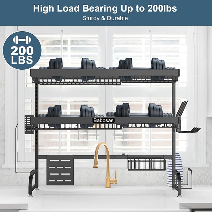 Over The Sink Dish Drying Rack,3 Tier Adjustable Length (25.5'' to 37.4'') Full Stainless Steel Large Storage Kitchen Dish Rack,for Kitchen Counter,Expandable Multifunctional Organizers,Black - Image 5