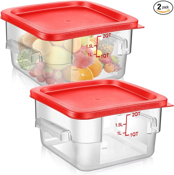 2 Pcs Square Food Storage Container Polycarbonate Clear Food Container with Lid Commercial Rice Storage with Graduations for Commercial Kitchen(2 Qt,Red) by Suclain