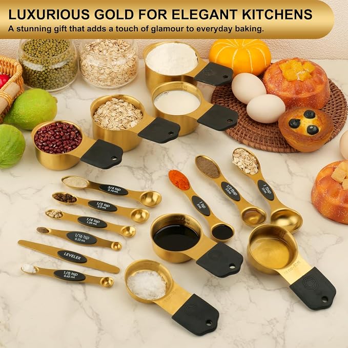 Gold Magnetic Measuring Cups & Spoons Set of 16, 7 Stainless Steel Measuring Cups, 8 Double-Sided Measuring Spoons & 1 Leveler, Premium Finish Baking Tools Kitchen Gadget for Dry & Liquid Ingredients - Image 6