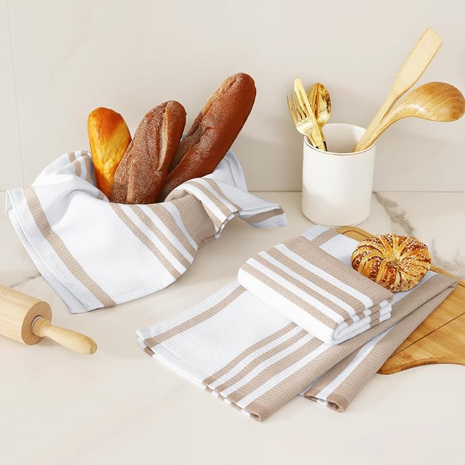 Homaxy Premium Cotton Stripe Kitchen Towels 6 Pack, 18"x 28", Khaki | Large 380 GSM Kitchen Hand Towels, Soft Terry Dish Towels, Highly Absorbent Tea Towel Set with Hanging Loop - Image 6