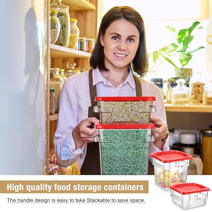 2 Pcs Square Food Storage Container Polycarbonate Clear Food Container with Lid Commercial Rice Storage with Graduations for Commercial Kitchen(2 Qt,4 Qt,Red) - Image 3
