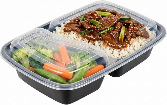 Asporto 32 Ounce Compartment Take Out Boxes, 50 Microwavable Meal Prep Containers - 2 Compartments, With Clear Plastic Lids, Black Plastic Food Containers, Do Not Contain BPA - Restaurantware by Restaurantware