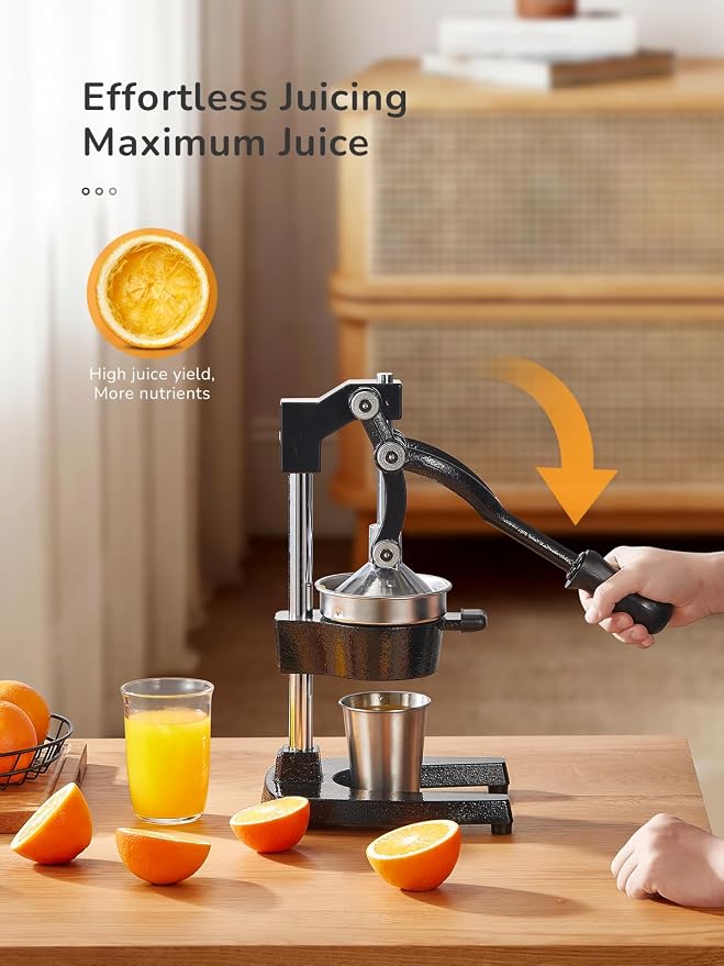 QCen Manual Citrus Juicer Cast Iron Heavy Duty Orange Press | Stainless Steel Strainer, Hand Squeezer, Easy To Clean, For Orange, Lemon, Lime And Grapefruit, Black - Image 4