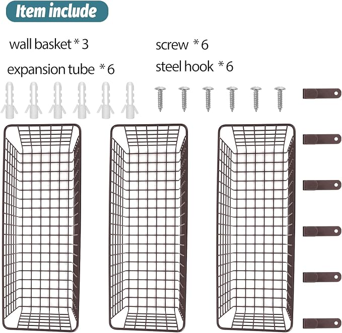 3 Set [Extra Large] Hanging Wall Basket for Storage, Wall Mount Sturdy Steel Wire Baskets, Metal Hang Cabinet Bin Wall Shelves, Rustic Farmhouse Decor, Kitchen Bathroom Organizer, Brown - Image 3