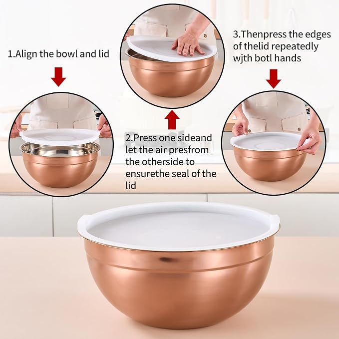 Rose Gold Mixing Bowls with Lids Set of 7, Stainless Steel Nesting Bowl with Khaki Lid for Non-slip Mixing Prepping Storing Serving, 7 Sizes-7/3.6/2.7/2.1/1.5/1/0.8 QT - Image 4