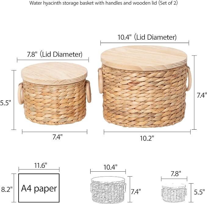 Woven Water Hyacinth Storage Basket Set of 2 with Lids | Stackable Rectangular Baskets,Decorative Natural Storage for Organization, Home, Closet, Desktop & Shelves - Image 7