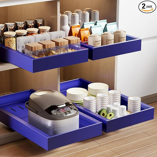 Mustorn 2 Pack Pull Out Cabinet Organizer,21.8" Deep Slide Out Drawer for Cabinets Adhesive Pull Out Drawers Heavy Duty Pull Out Shelves for Kitchen,Cupboard,Pantry,Bathroom-Blue by MUSTORN