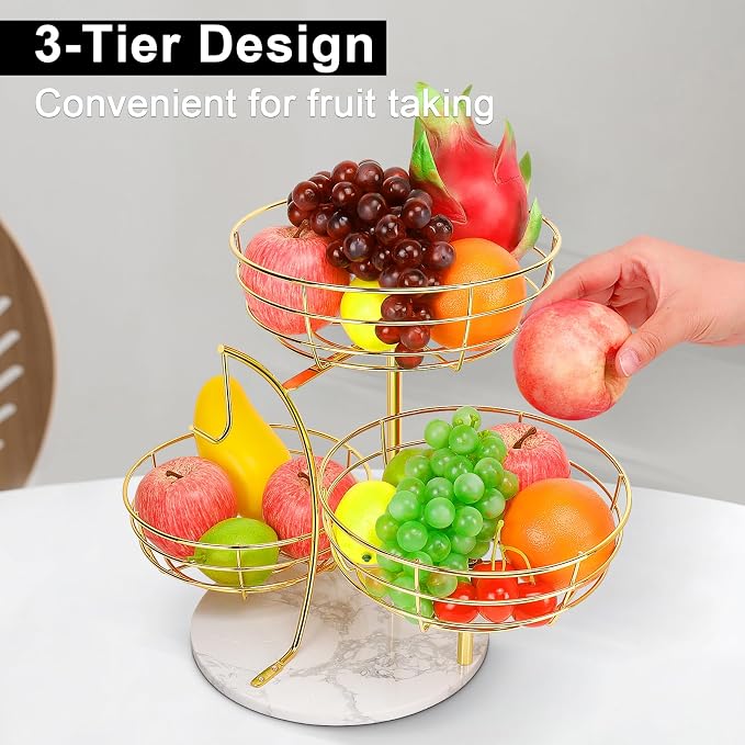 Livabber Fruit Basket Bowl with Banana Hanger, Metal Fruit Vegetable Storage Basket with Banana Holder for Kitchen Counter, Detachable Organizer for Bread Snack Produce (Gold, 3-Tier Marble Base) - Image 6