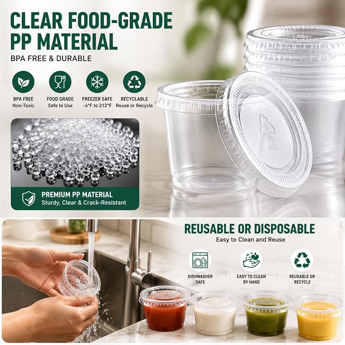 2500 Sets 1 Oz Clear Plastic Portion Cups with Lids Condiment and Dipping Sauce Container Salad Dressing Container Airtight and Stackable Souffle Cups for Lunch, Party, Trips - Image 4