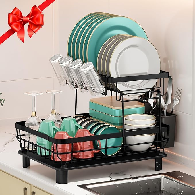 MOUKABAL 2 Tier Dish Drying Rack with Drainboard for Kitchen Counter, Black | 13×17 Large Capacity/Rustproof Stainless Steel/Fast Drainage Dish Drainer/Removable Utensil Holder/Kitchen Counter Organizer - Image 3