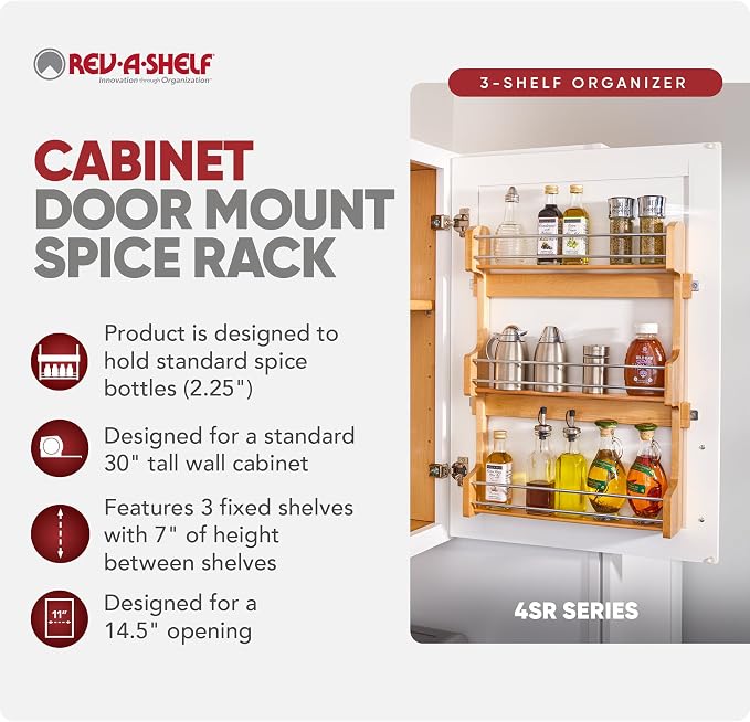 Rev-A-Shelf 18" 3 Tiered Pull Out Shelf Organizer for Kitchen Cabinets, Pantry Storage Spice Seasoning Rack, Door/Wall Mounted, Maple Wood, 4SR-18 - Image 2