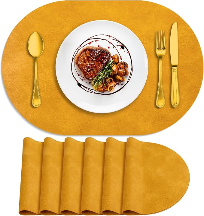 ADRIMER Placemats, Heat Resistant Oval Placemats Set of 6 Washable 12 x 17 Inch, Waterproof Table Mats, Wipeable Pu Place Mats for Kitchen, Dining Room, Yellow by Adrimersdreamistobeanindispensablecompanioninyourlife