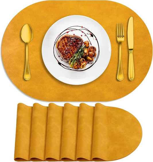 ADRIMER Placemats, Heat Resistant Oval Placemats Set of 6 Washable 12 x 17 Inch, Waterproof Table Mats, Wipeable Pu Place Mats for Kitchen, Dining Room, Yellow by Adrimersdreamistobeanindispensablecompanioninyourlife