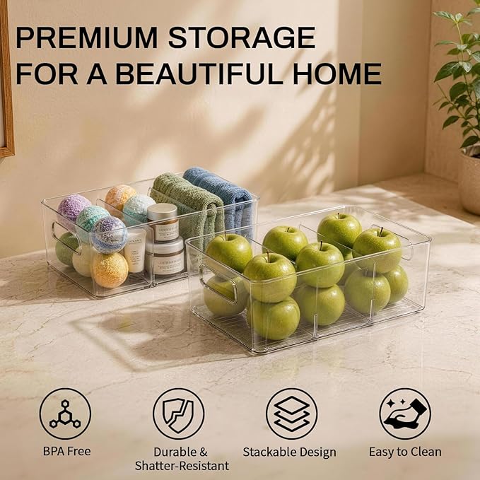 Mpotmiy 10-Pack Pantry Organizers and Storage, Clear Fridge Organizer Bins | Clear stackable plastic bins with removable dividers for packets, snacks, pouches and spices in pantry, fridge or freezer. - Image 2