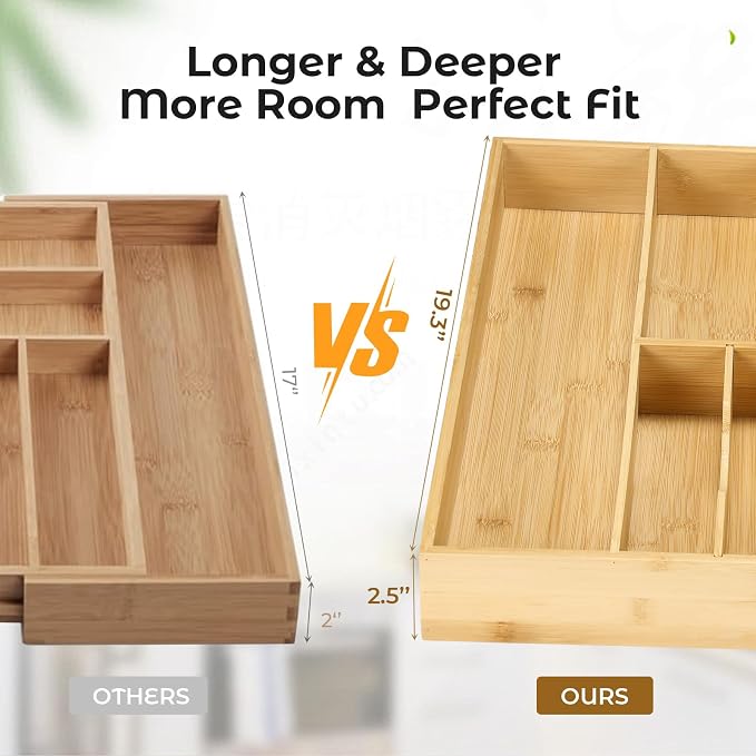 Fabsome Silverware Organizer for Kitchen Drawers, 2.5'' Deep 18.8'' Wide Bamboo Wood Flatware Tray with Deep Slots for Large Cutlery Utensil Drawer - Image 4