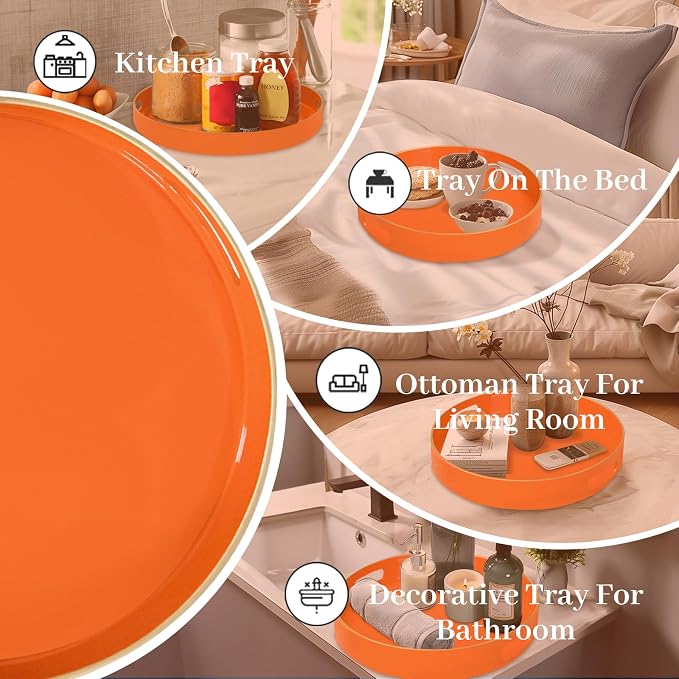 13" Orange Decorative Tray, Plastic Round Serving Tray with Handles | Decorative Tray for Coffee Table, Modern Ottoman Tray, Circle Tea Tray, Round Melamine Tray for Living Room, Bathroom - Image 7