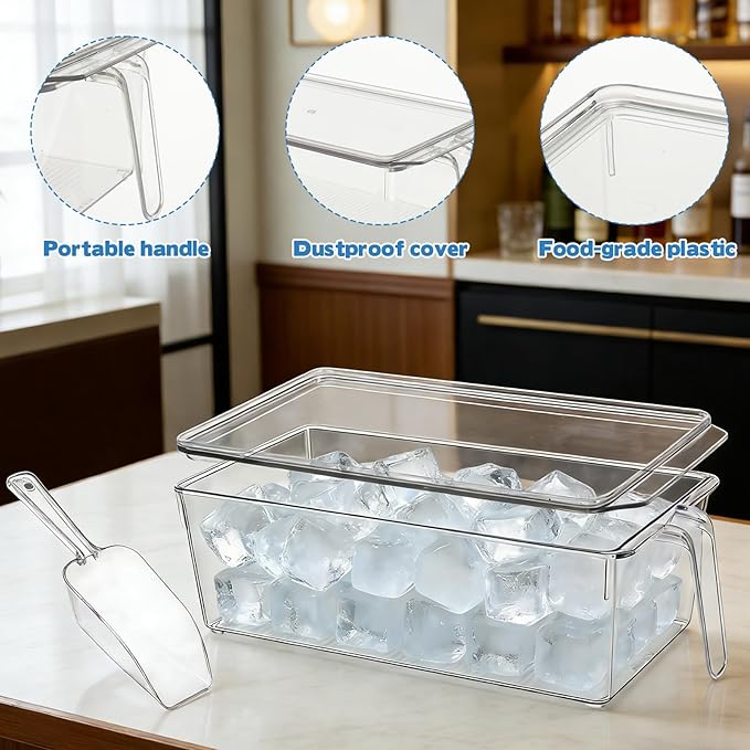 CIEOVO 2 Set Ice Bin for Freezer with Lid and 2 Scoop Set Plastic Freezer Ice Bin with Pull-Out Handle Clear Storage Bucket Kitchen Food Storage Organizer for Home Office Fridge Kitchen - Image 3