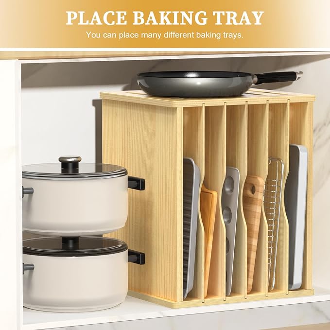 7 Tier Large Size Wooden Tray Dividers for Cabinets, Cookie Sheet Organizer | Premium Wood, Multiple Sizes, Saving Space, Vertical Tray Dividers for Storing pans, Baking trays, Cutting Board - Image 5