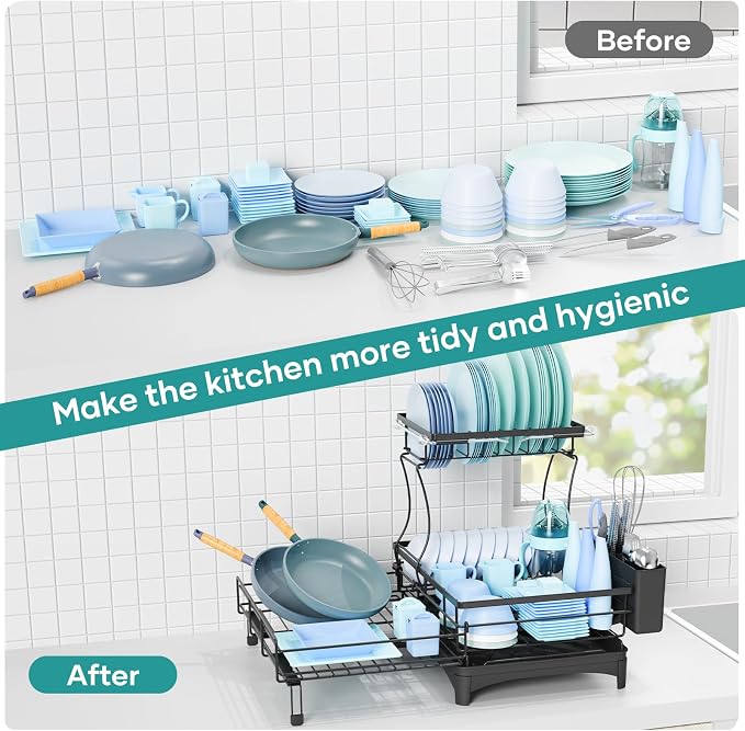 Dish Drying Rack for Kitchen Counter, Extendable Dish Rack with Drainboard, Kitchen Countertop 2 Tier Dish Drying Rack, Expandable Dish Strainer with Cutlery Holder, Removable Cutlery Holder（Black） - Image 5