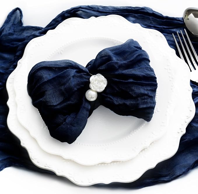 60 Pack Navy Blue Cheesecloth Napkins Washable Set of 60 Navy Blue Cloth Napkins 21x21 Inches Rustic Boho Cotton Gauze Dinner Table Napkins for Wedding Bridal Baby Shower Summer Party Table Decor - Image 6