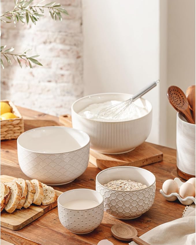 Mikiegy Ceramic Mixing Bowls Set of 4, Nesting Ceramic Embossment Stoneware Mixing Bowls for Cooking, Serving, Popcorn, Salad etc, Microwave & Dishwasher Safe, 20/44/98/145 oz, Off-White - Image 2