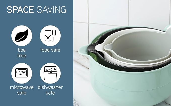 COOK WITH COLOR Nesting Plastic Mixing Bowl Set with Pour Spouts and Handles, Mint, 4 Piece Non-Slip - Image 3