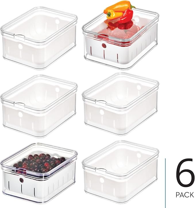iDesign Small Fridge Berry Bin with Removable Colander Basket and Lid - Set of 6 - Clear/White - Image 2