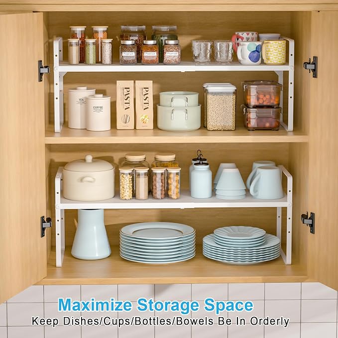 15.5 to 25.5 Inch Expandable Kitchen Cabinet Organizer Shelf, 30 LBS Heavy Duty Stackable Kitchen Counter Storage Shelves Organizers, 2 Pack Adjustable Small Storage Shelf Rack For Cabinet Cupboard - Image 8