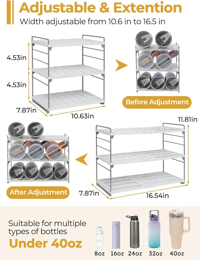 Cirhy 12" Tall 3-Tier Expandable Water Bottle Organizer – Fits 20-40 oz Stanley, Owala, Yeti Tumblers, Shaker Cups & Travel Mugs – Adjustable Storage Rack for Cabinet, Kitchen & Pantry Organization | Adjustable 12" Tall Bottle Rack, Fits 20-40 oz Tumbl... - Image 2