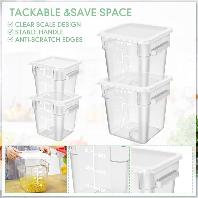 Lallisa 4 Pcs 8qt & 4qt Clear Food Storage Containers with Lids Handles and Scales, Stackable Plastic Square Food Storage Containers for Dough Proofing Baking Kitchen Restaurant(White) - Image 3