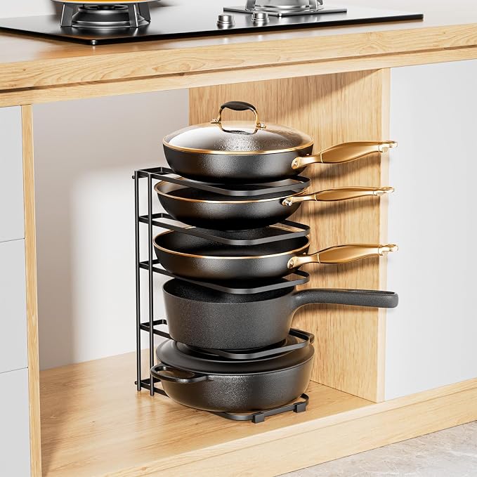 5-Tier Pot and Pan Organizer 13.6", No Assembly Cookware Rack 1-Pack | One-piece Design, Multi-height Layered,Anti-Tip Structure, Dual Vertical & Horizontal Use, Fits Cast Iron Pans & Dutch Ovens - Image 7