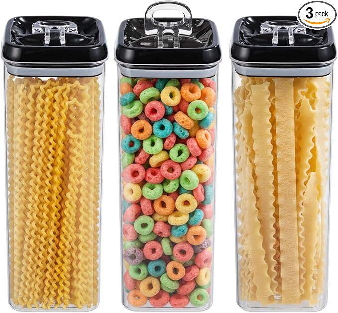 Felli Flip Tite TALL Storage Container with Lid 4" Air Tight Easy Open Ring Top, Clear Acrylic Skinny Canister Jar for Spaghetti Lasagna Fettuccine Noodle, Kitchen Cupboard Pantry Organizer (2.0 qt) by Felli