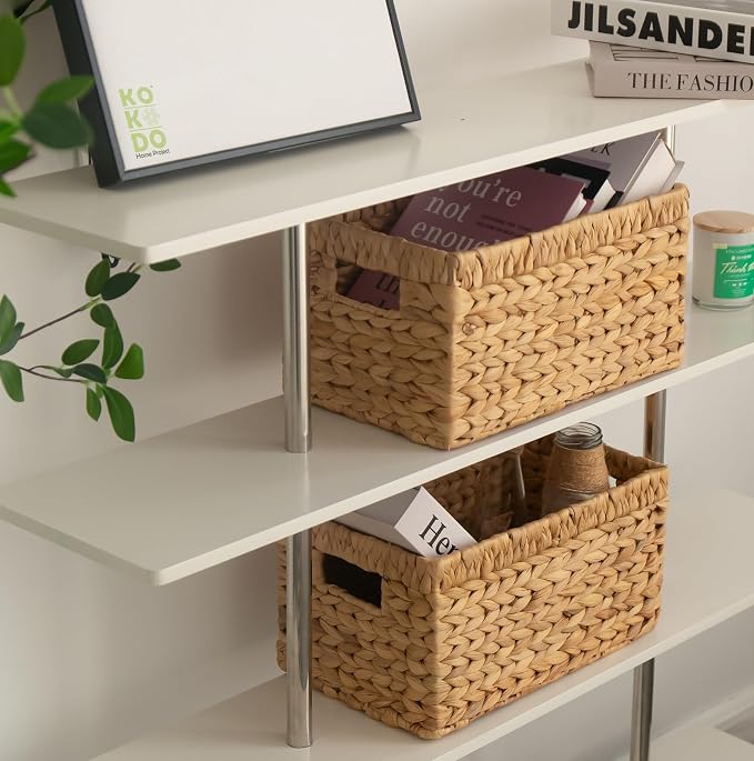 KOKODO Wicker Storage Basket Set of 2, Rectangular Baskets for Shelves with Handles & Chalkboard Labels, Handwoven Water Hyacinth Baskets for Organizing Pantry, Closet & Home. - Image 3