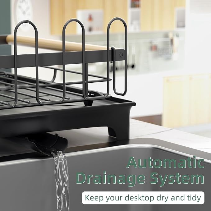 2-Tier Dish Rack with Drainboard: Large Capacity Anti-Rust Kitchen Counter Organizer with Cup, Utensil & Cutting Board Holders, Heavy Duty Dish Drying Rack, Black - Image 5