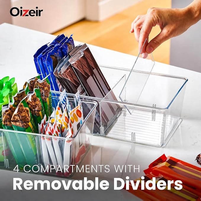 Oizeir Clear Pantry Organizer Bins 4-Pack - Fridge Organizer with 3 Removable Dividers - Kitchen Pantry Organizers & Storage - Storage Cabinet Snack - Image 3