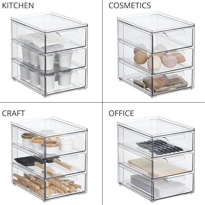 mDesign Plastic Stackable Organizer with 3 Drawers - Pull-Out Drawer Storage Bin for Bathroom Sink/Cabinet Organization - Perfect for Makeup, Small Towels, and More - Lumiere Collection, 4 Pack, Clear - Image 7