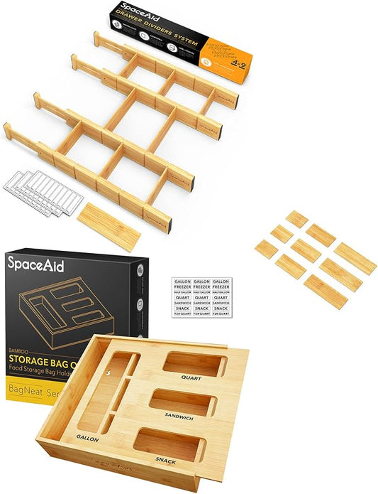 SpaceAid Bamboo Drawer Dividers with Inserts and Labels, 4 Dividers with 9 Inserts (17-22 in), Bag Storage Organizer (1 Box 4 Slots) by SpaceAid