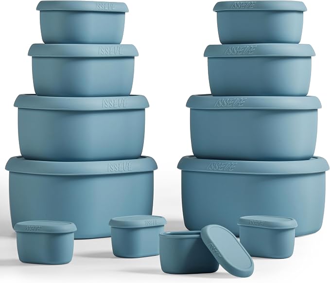 ISSEVE 12Pcs/Set Nesting Silicone Food Storage Containers with Lids | BPA-free, Reusable, Meal Prep Containers, Small Freezer Portions, Dishwasher Cleaning, Nested Cabinet Storage, 5 Sizes, Blue by ISSEVE